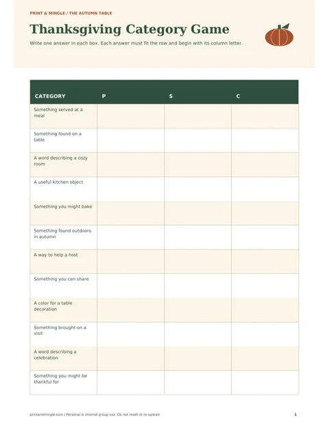 Thanksgiving Category Game printable preview