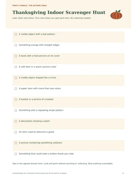 Thanksgiving Indoor Scavenger Hunt printable preview