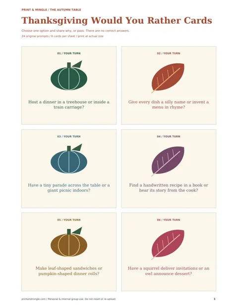 Thanksgiving Would You Rather Cards printable preview